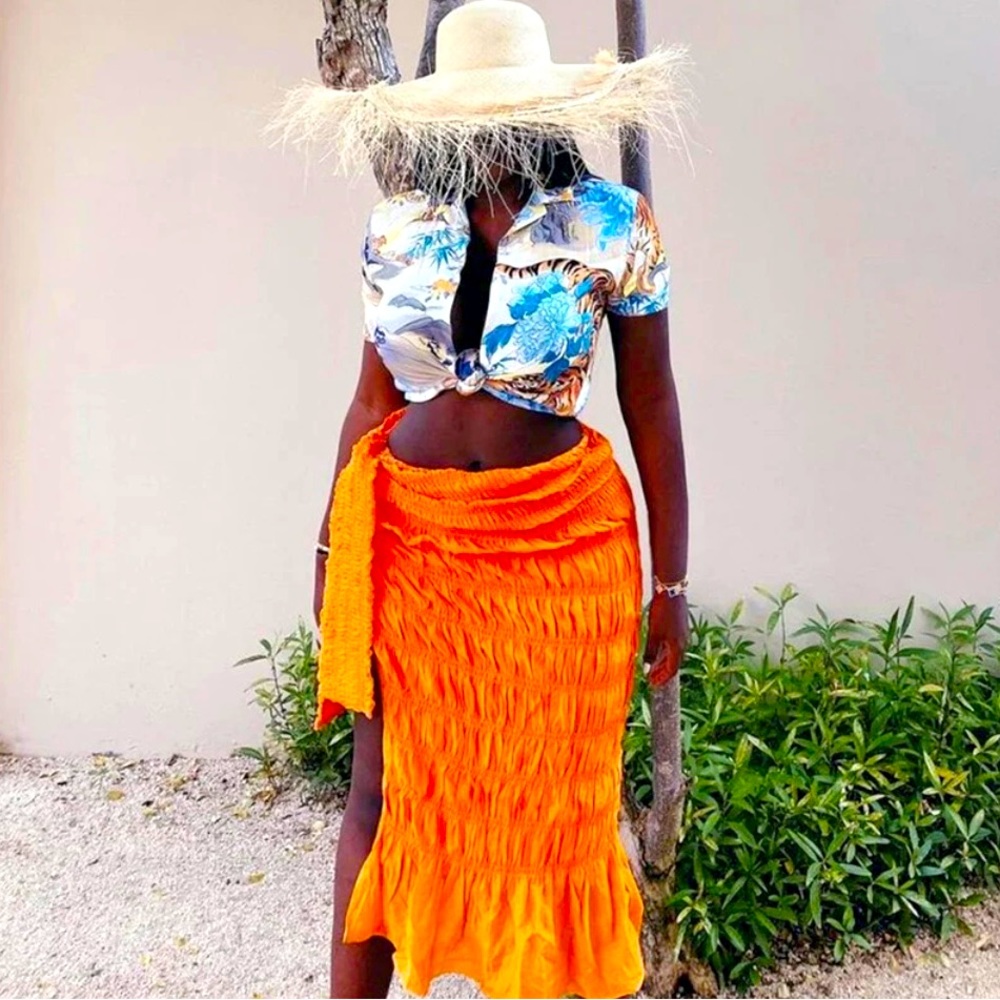 Orange Pleated Side Skirt